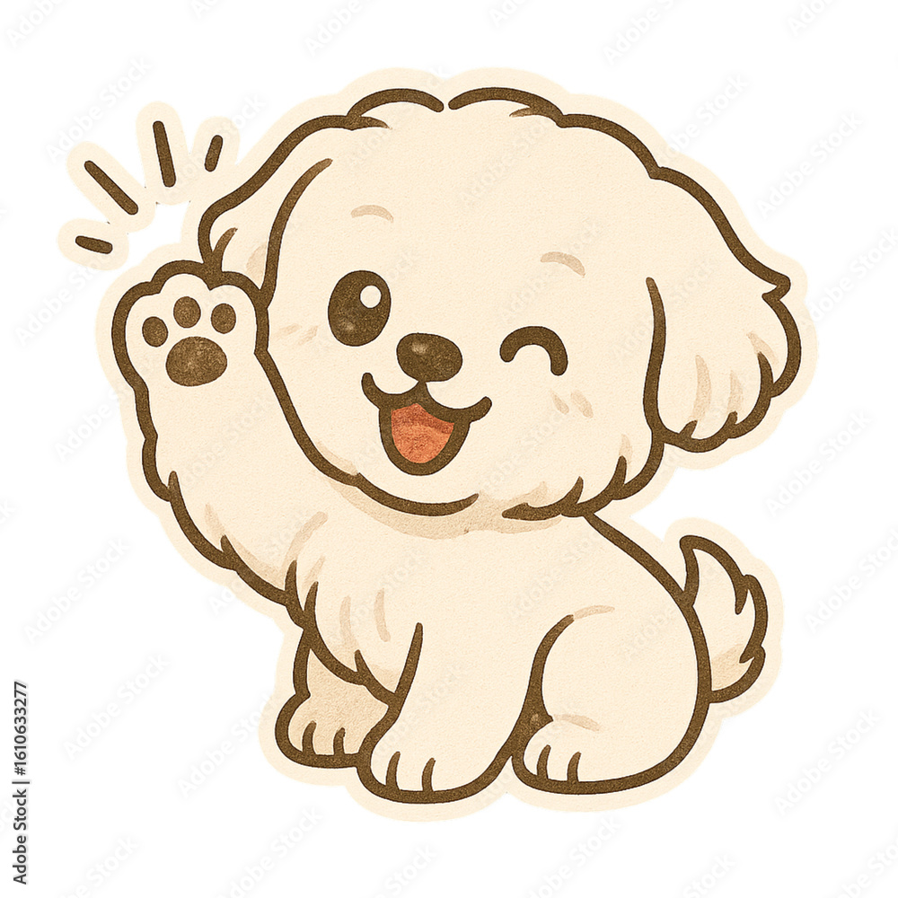 Fototapeta premium Cute dog sticker waving and winking, cute waving puppy cute waving puppy cute waving puppy, Kawaii Waving Puppy Sticker Illustration, Fluffy Dog Cartoon for Kids and Pet Brands