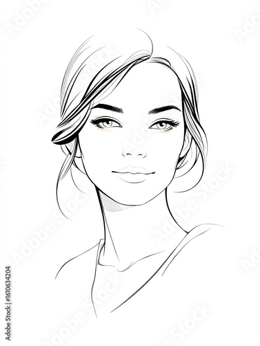 elegant line drawing of woman's face with flawless skin and soft makeup