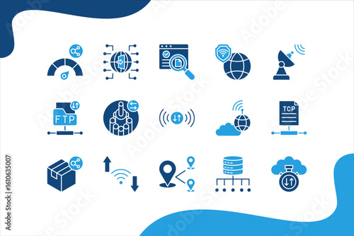 Data Transfer icon set with Bandwidth, Gateway, VPN, Receiver, Fiber optic, Signal.