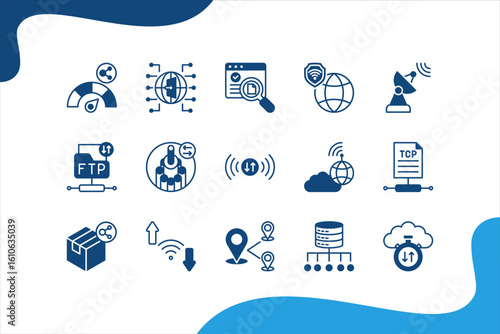 Data Transfer icon set with Bandwidth, Gateway, VPN, Receiver, Fiber optic, Signal.