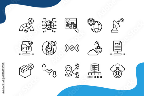 Data Transfer icon set with Bandwidth, Gateway, VPN, Receiver, Fiber optic, Signal.