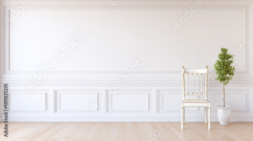 A minimalist interior scene featuring a pristine white wall with decorative molding and paneling details,