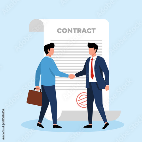 Illustration of two businessmen shaking hands in front of a signed contract, symbolizing a business agreement and partnership.