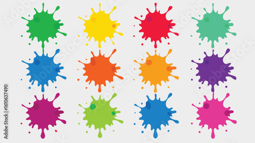 A vector set featuring an array of colorful paint splatters, displaying a lively mix of colors and artistic designs..eps