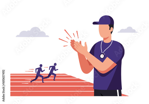 Illustration of a coach clapping encouragement as runners sprint on a bright track field. Depicts sportsmanship, encouragement, and athletic training in a competitive environment under an open sky.