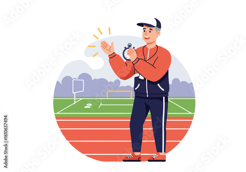 Illustration of a sports coach holding a stopwatch while managing track field activities, conveying teamwork, leadership, and athletic coaching concepts.