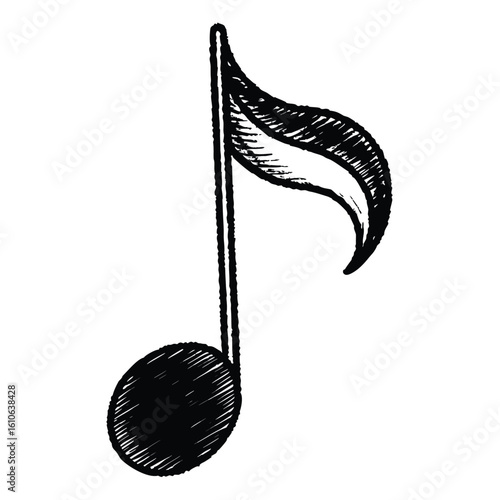 Hand drawn musical eighth note symbol with textured shading on a white background representing music and melody