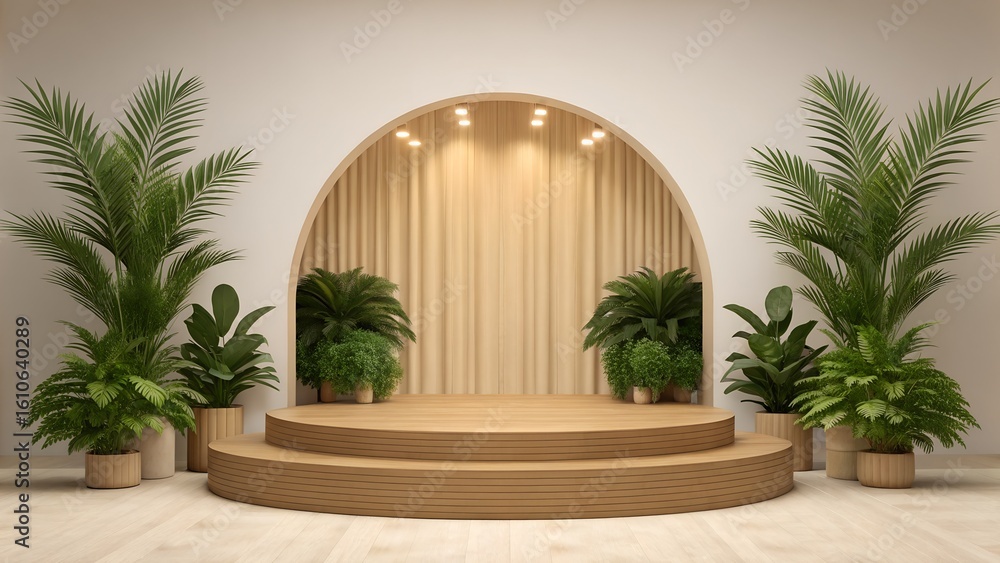 Fototapeta premium Elegant arch stage with lush green plants and spotlight illumination