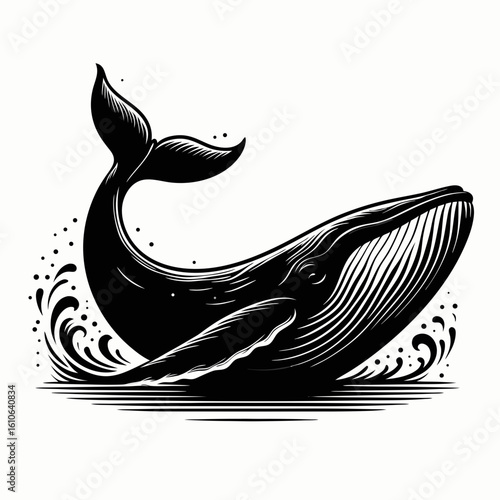 Black and white huge whale vector image without background, Majestic whale swimming and jumping out of water.