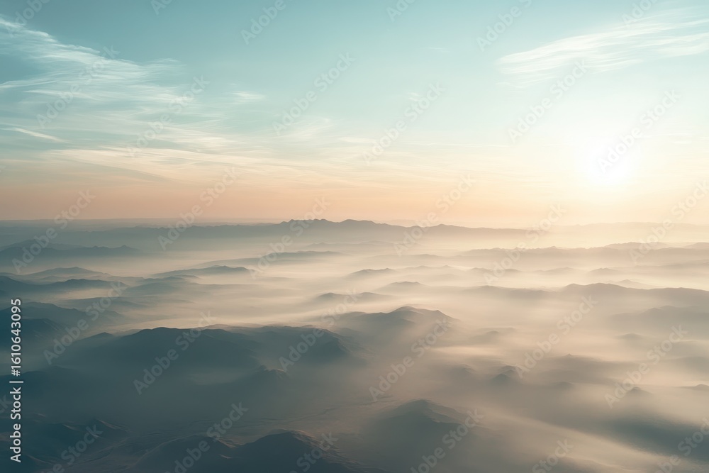 Fototapeta premium Morning light casts a soft glow over the Yuma Desert revealing vast terrain and misty horizons, Aerial view of Yuma Desert in the morning