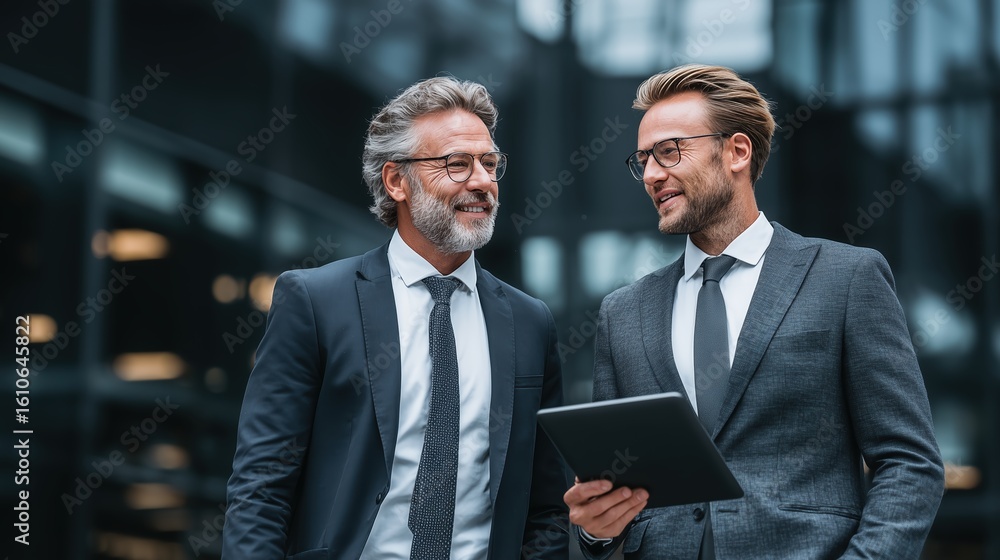 Two Business Professionals Discuss a Project Outdoors Two Business Professionals Discuss a Project Outdoors