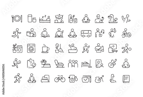 
Morning routine line icons set – outline, flat, daily habits and wellness symbols
