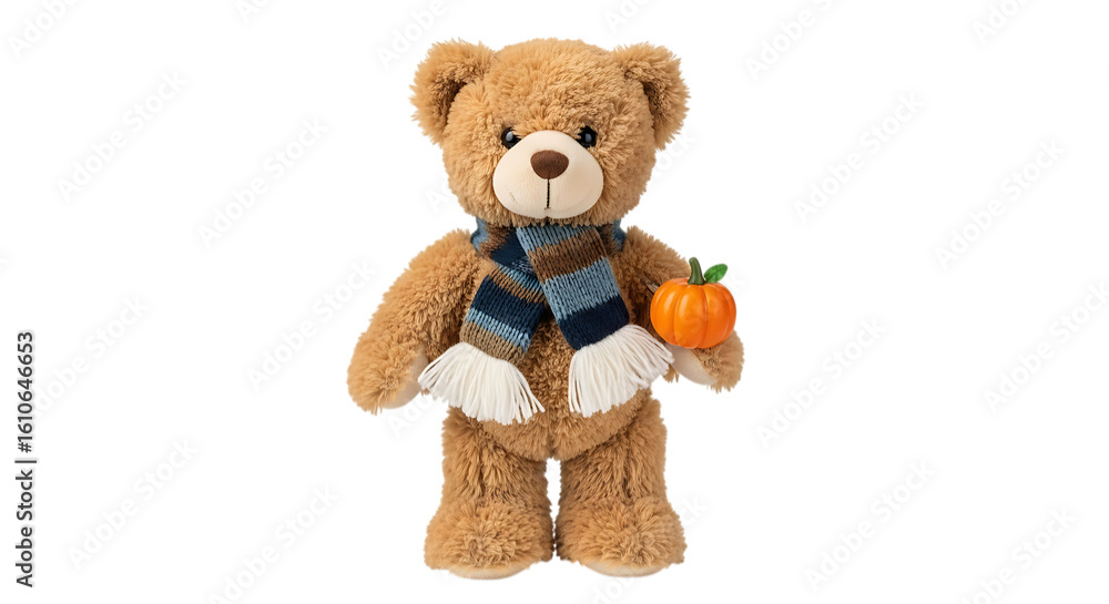 Obraz premium A teddy bear with a scarf holds a pumpkin isolated on transparent background