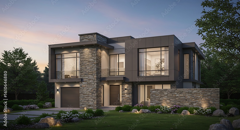 Fototapeta premium Modern Architectural Home Design at Dusk with Stone Facade and Landscaped Yard