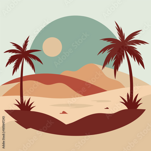 Minimalist vector illustration of desert oasis palm trees in tropical landscape style, Desert oasis palm trees vector, Minimal desert palm tree drawing, Tropical oasis line art