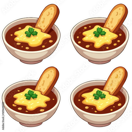 Four Bowls of Delicious French Onion Soup with Crouton and Cheese.