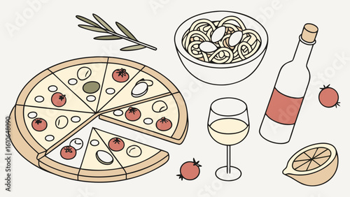 Pizza, Salad, Wine, and Fresh Ingredients in a Cozy Setting