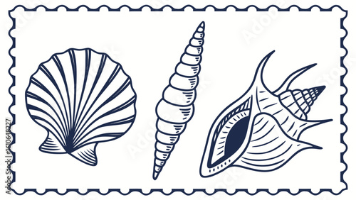 A detailed stamp-style illustration of three distinct seashells, including a scallop and conch