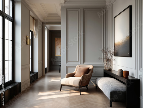 Aesthetic beautiful elegant  modern luxury interior design. Clear mock up empty wall for decoration in the apartment, painting frame. Copy space in the room.