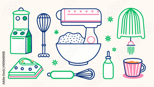 A flat illustration showcasing a collection of bakery equipment and kitchenware line art icons