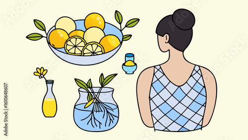 A stylized flat illustration of a woman with natural elements for wellness and self-care