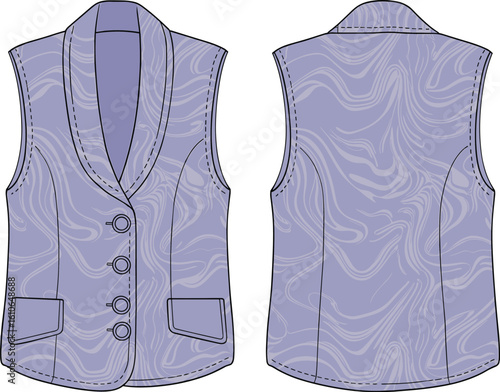 Purple vest vector illustration, shawl collar, flap pockets, button closure front, swirling pattern design, fashion CAD sketch, garment template