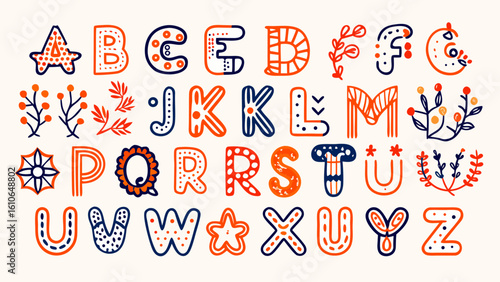 Vibrant folk art alphabet set with colorful hand-drawn letters and ornate decorations