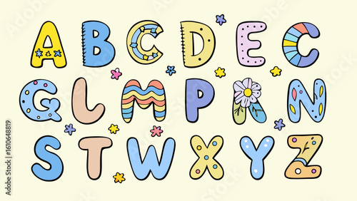 A vibrant collection of colorful hand-drawn letters. Whimsical doodle alphabet set for kids.