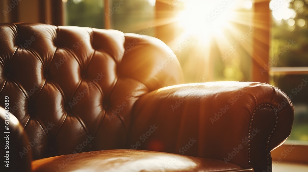 Obraz premium Sunlight illuminating a cozy leather armchair