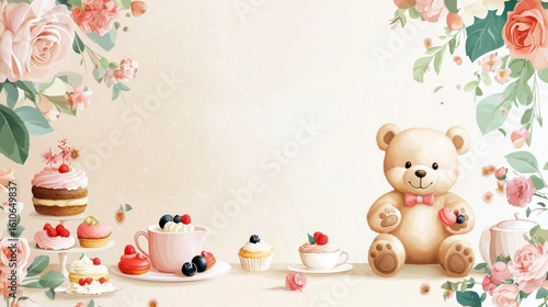Teddy bear enjoying a sweet tea party surrounded by delicious desserts and flowers.