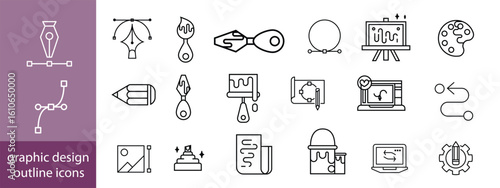 Set of outline icons of graphic design. Simple linear icons in a modern style flat, Creative Process. Graphic design, creative package, stationary, software. Minimal Graphic Design related icon set.