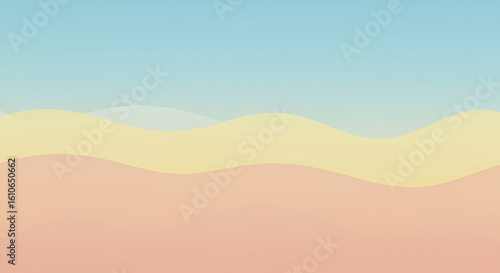 Abstract minimalist landscape with rolling pastel hills under a clear blue sky.
