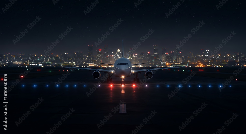 Fototapeta premium Night Arrival Commercial Airplane on Runway with City Lights in Background for Transportation and Travel Images Destination