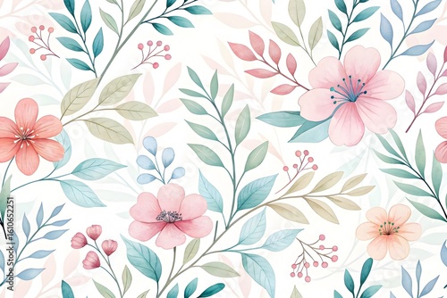 Watercolor floral pattern with pink and blue flowers