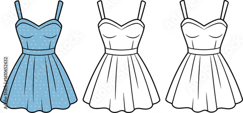 Spaghetti strap dress vector illustration, sweetheart neckline, flared skirt, polka dot print, coloring template, front back CAD sketch