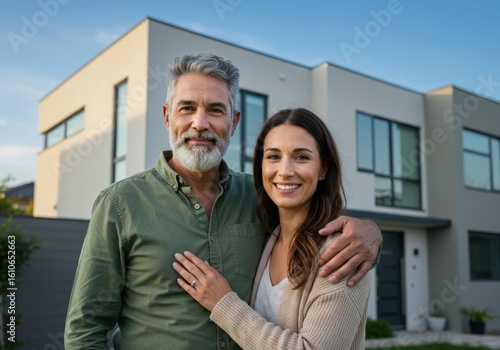 A happy middleaged couple, a man with grey hair and a beard and a woman with long hair, stand smiling in front of their modern home