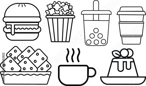 Fast food icon set vector,  outline style art for takeout, restaurant, and meal planning: burger, cake, coffee, drink, fries, Boba tea, pop corn. Modern fast food icon set isolated on white background