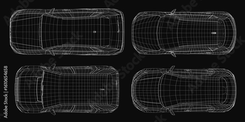 A top view of a 3D model of cars on a black background, featuring detailed headlights, grille, and wheels. The wireframe set highlights the car's sleek design with realistic rendering.
