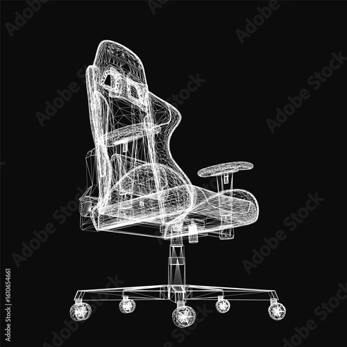Ergonomic gaming chair with a sleek curved backrest and armrests, designed for comfort and mobility. The 3D wireframe model features durable material, plush cushioning, and four smooth-rolling wheels.