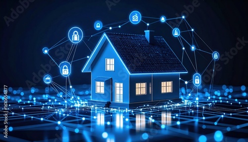 Digital 3D Rendered House Model Surrounded By Glowing Blue Lines With Security Icons And Financial Concepts