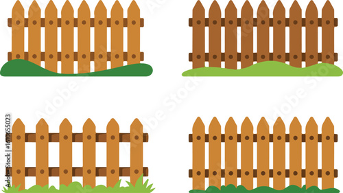 Wooden fence set with green grass and nature elements illustration