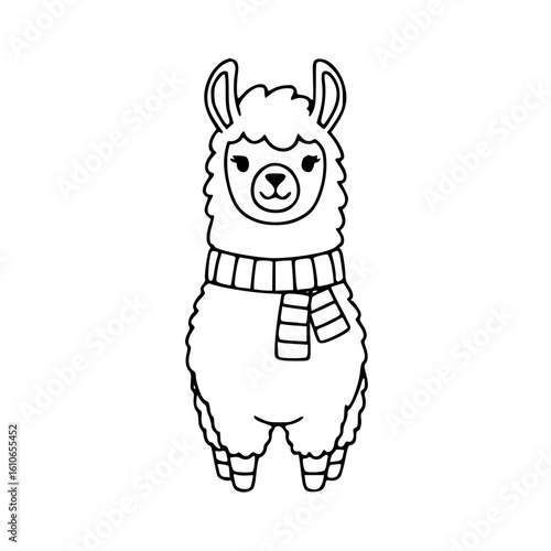 Cute black and white cartoon llama wearing a scarf in simple doodle icon style
