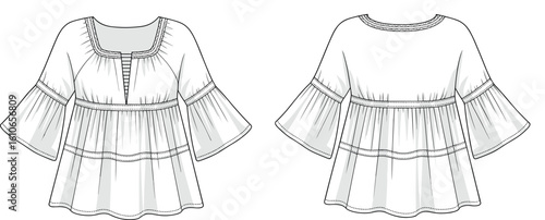 Tiered blouse vector illustration, flowy silhouette, round neckline, bell sleeves, tie neck detail, front back fashion CAD sketch