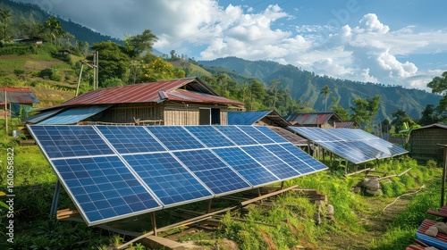 Solar panels installed near rural houses with mountain backdrop on a sunny day with blue skies