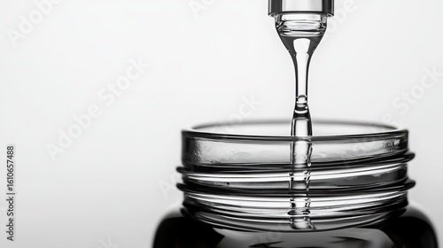 Stem Cell Therapies Concept. Close-up of Clear Liquid Droplet Falling from Pipette into Glass Jar on White Background