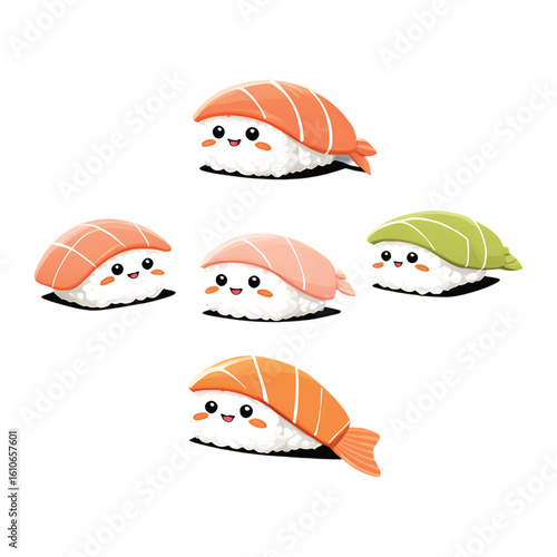 Adorable group of cute sushi characters with a prominent salmon piece