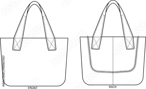 Tote bag vector with front and back views, CAD fashion flat sketch featuring stitched pocket and top handle details