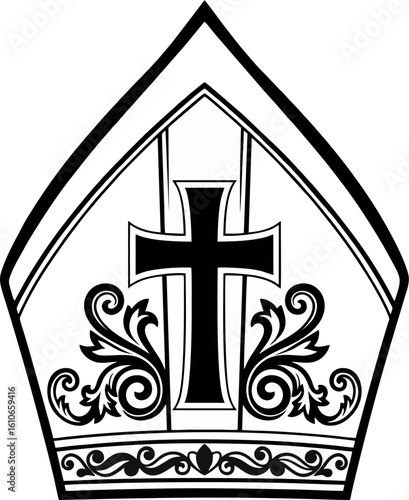 Black and White Bishop Mitre with Cross – Ornamental Religious Hat Line Art Illustration