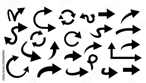 A collection of various black arrow silhouettes vector.