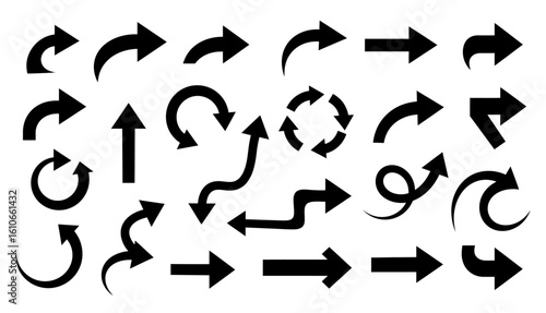 A collection of various black arrow silhouettes vector.